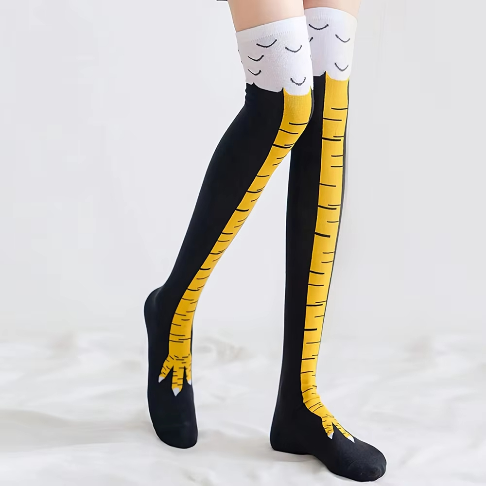 Funny Chicken Leg Socks - 여성용 닭발 프린트 허벅지까지 오는 양말