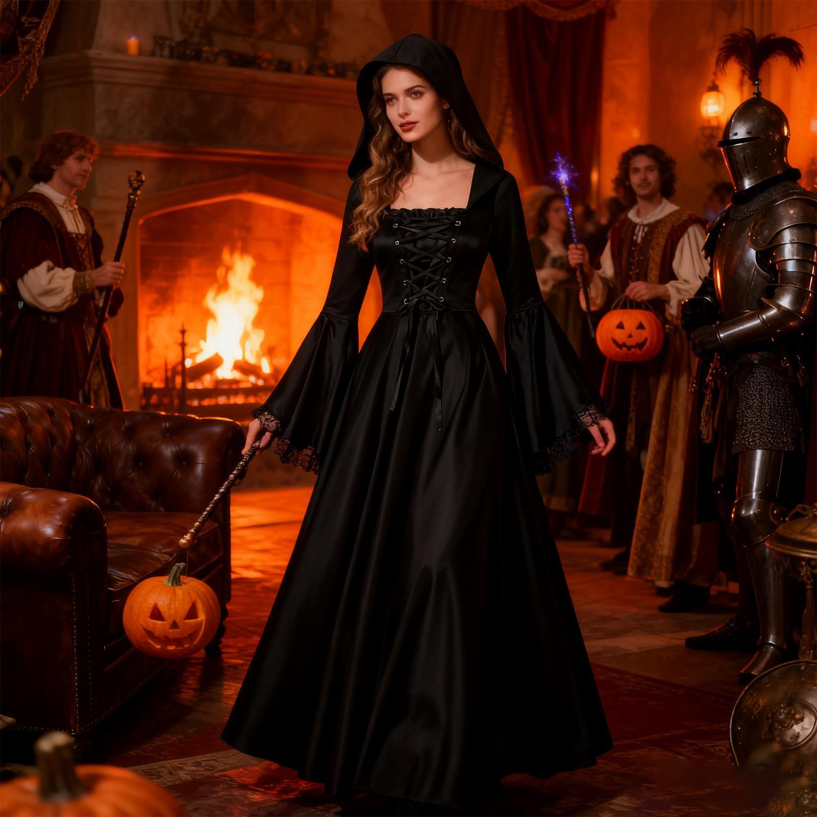 할로윈 마녀 의상 중세 고딕 롱 드레스 후드 르네상스  - Medieval Renaissance Dress Women 리뷰 및 가격
