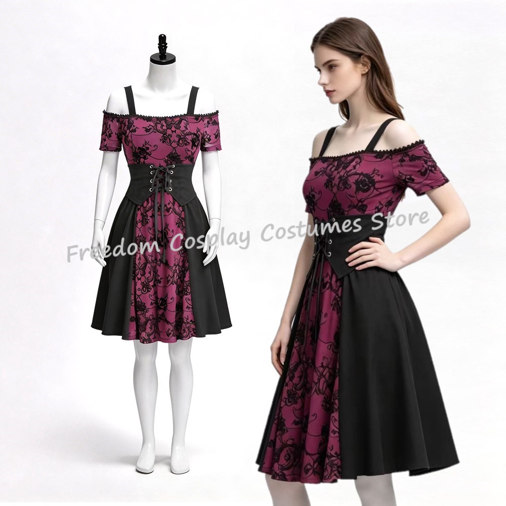 2026 여성 중세 고딕 펑크 레드 블랙 다크 프린트  - Medieval Renaissance Dress Women 리뷰 및 가격