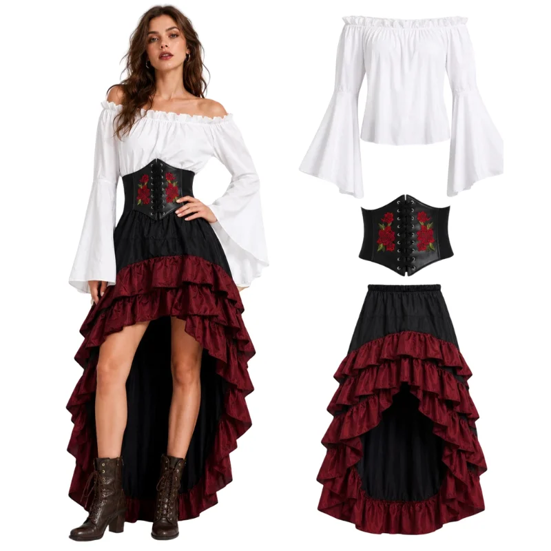 할로윈 중세풍 레트로 해적 드레스 캡틴 러플 허리 롱  - Medieval Renaissance Dress Women 리뷰 및 가격